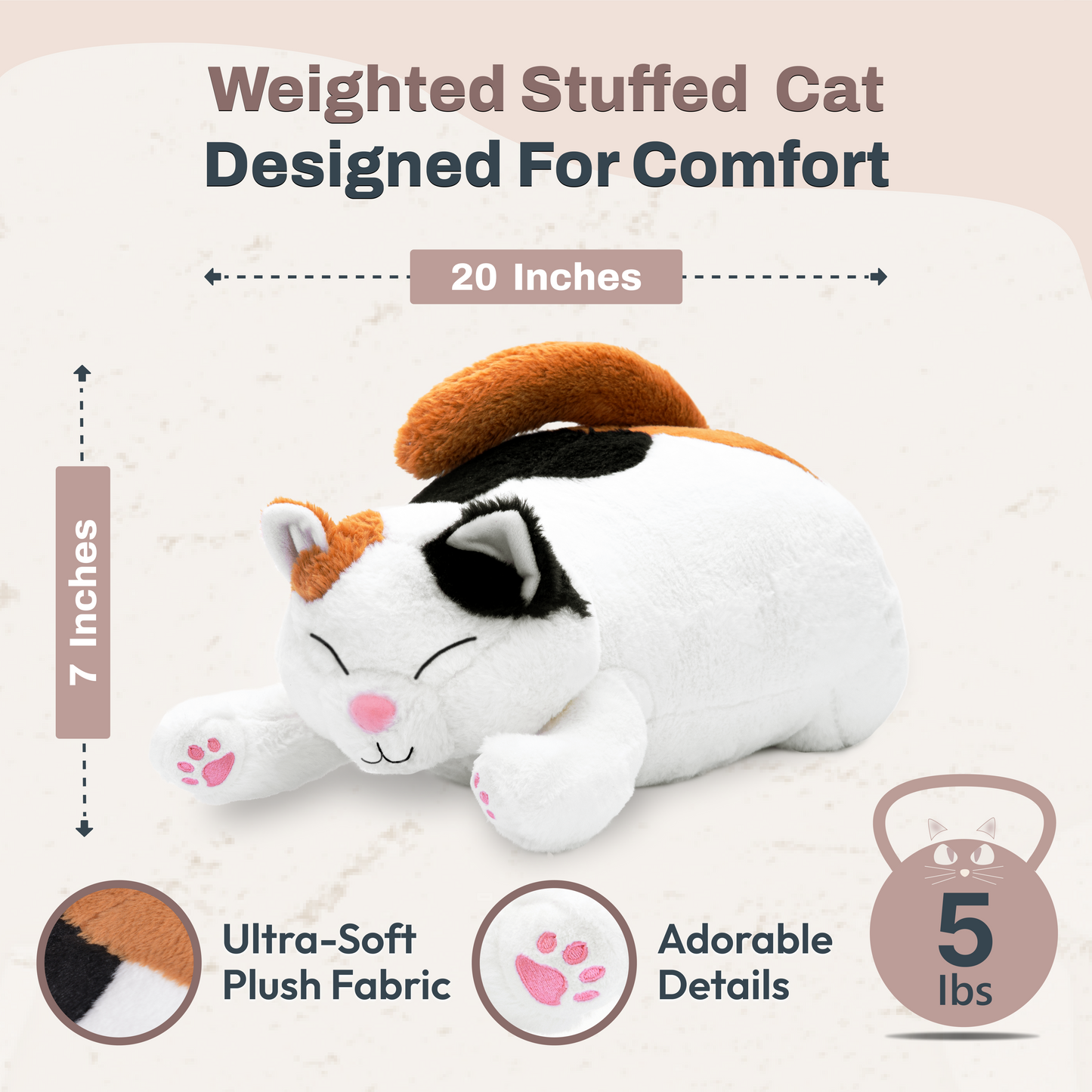Weighted Stuffed Animals 20" | 5 lbs Calico Cat Plush for Calming Cozy Comfort